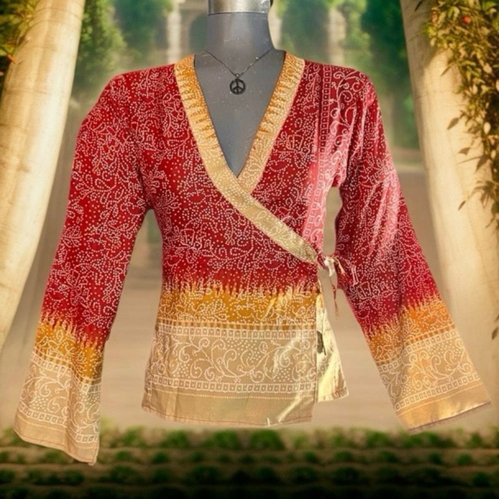SILK SARI WRAP TOP Upcycled Vintage Pure Silk FAIR
TRADE One Of A Kind-SIZE Med